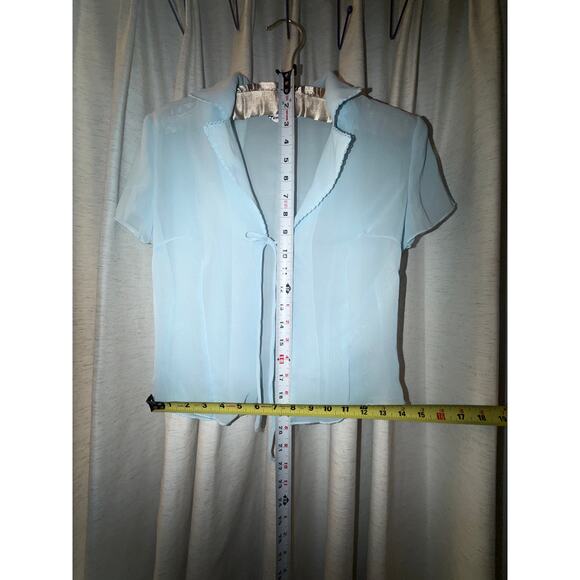 Y2K Baby Blue Sheer Chiffon Tie Front Top Short Sleeve Vintage 90s 00s Fairy S M - Picture 4 of 8